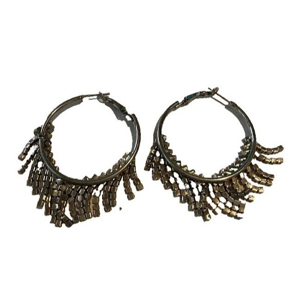 2Pr Fashion Silver Earrings Hoops w/Rhinestone Fringe, 5 Circle Shimmery Dangles - Picture 2 of 3